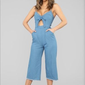 Cropped Flare Denim Jumpsuit